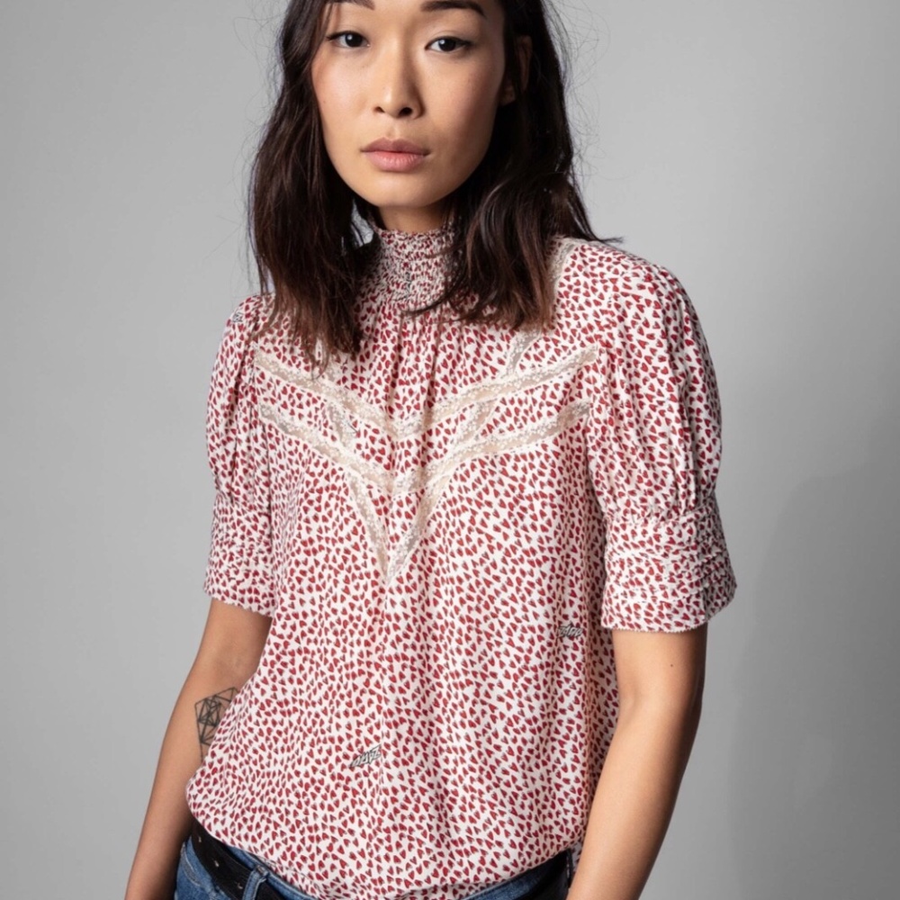 Zadig & Voltaire Tupelo Small Heart Blouse High Neck Lace Top Size S $358 NEW